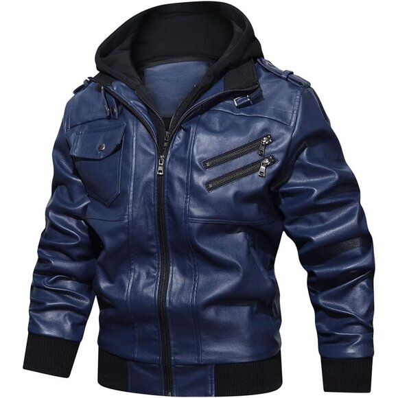 Mens Navy Blue HOOD CREW Faux Leather Motorcycle Bomber Jacket Removable Hood - Picture 4 of 5